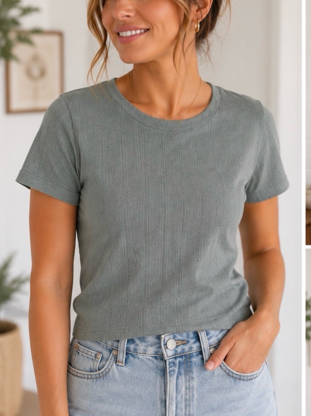 Perfectwhitetee Pointelle Baby Tee 100% Cotton Sage Green blue gray top L